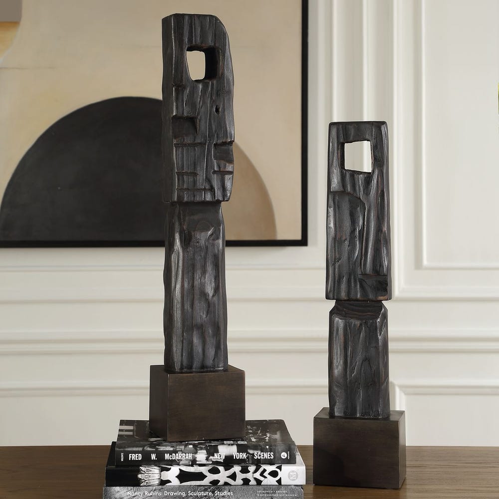 Geometric Echoes Wood Sculpture - Set of 2