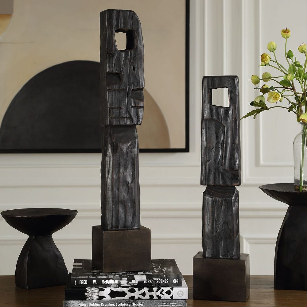 Geometric Echoes Wood Sculpture - Set of 2