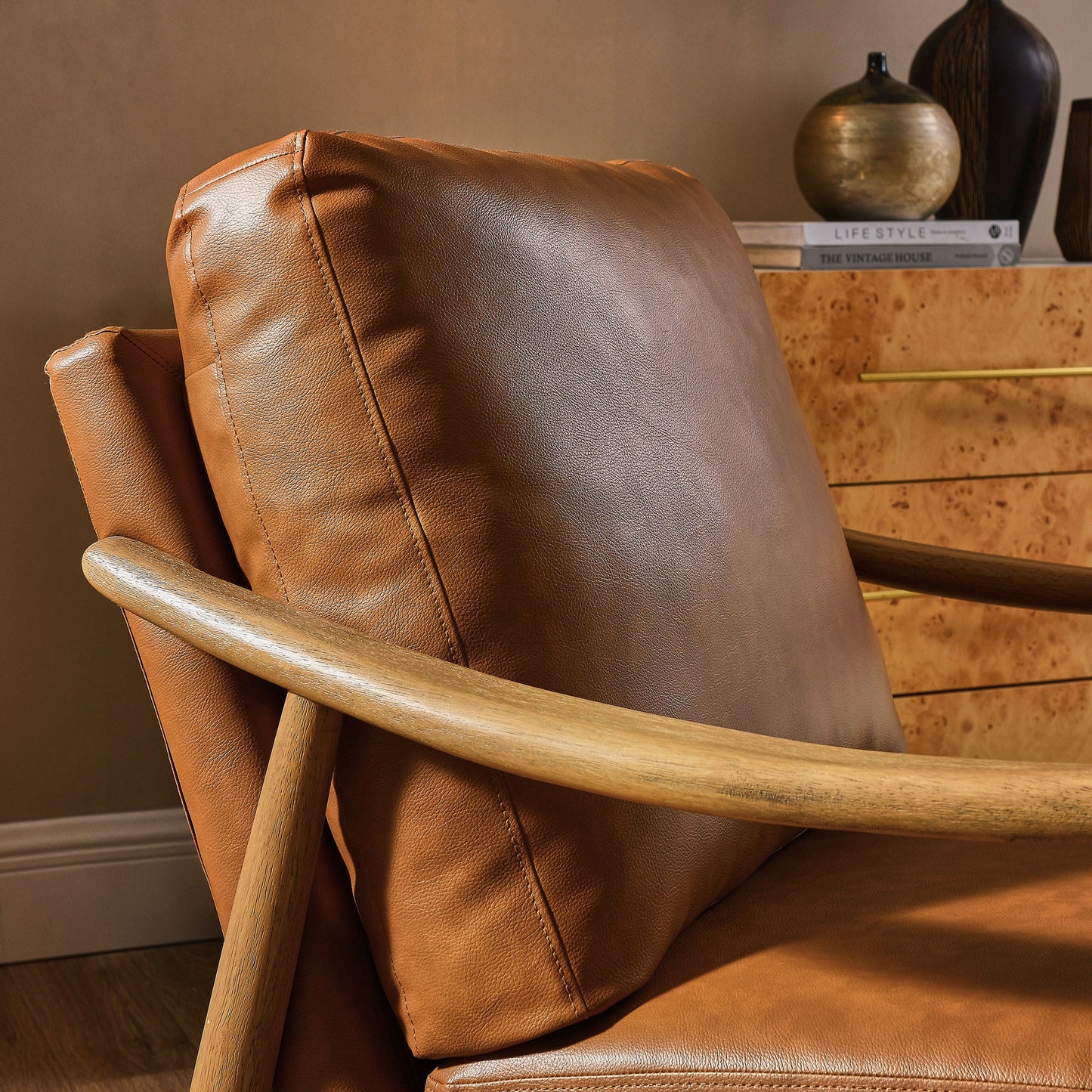 Savona Vegan Leather Accent Chair - Tan Walnut