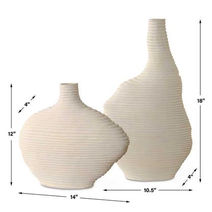 Horizontal Fluted Ivory Ceramic Vases - Set of 2