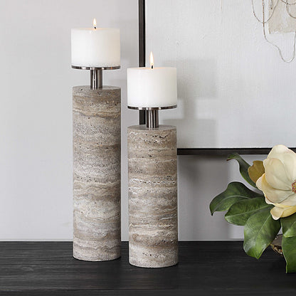 Fior Travertine Candleholders - Set of 2