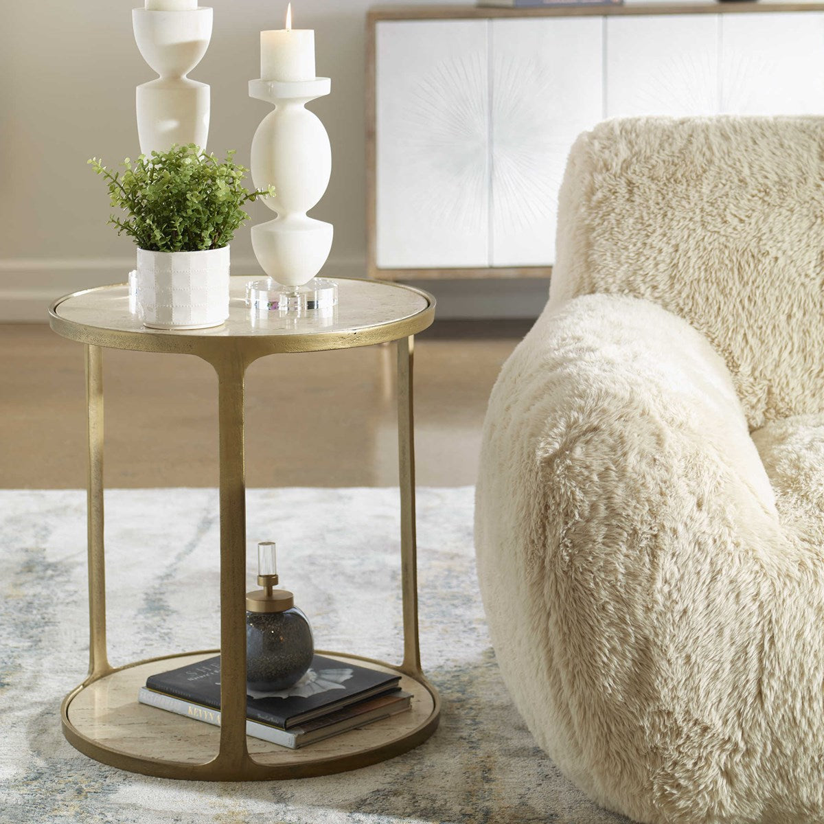 Volto 23 in. Travertine Side Table