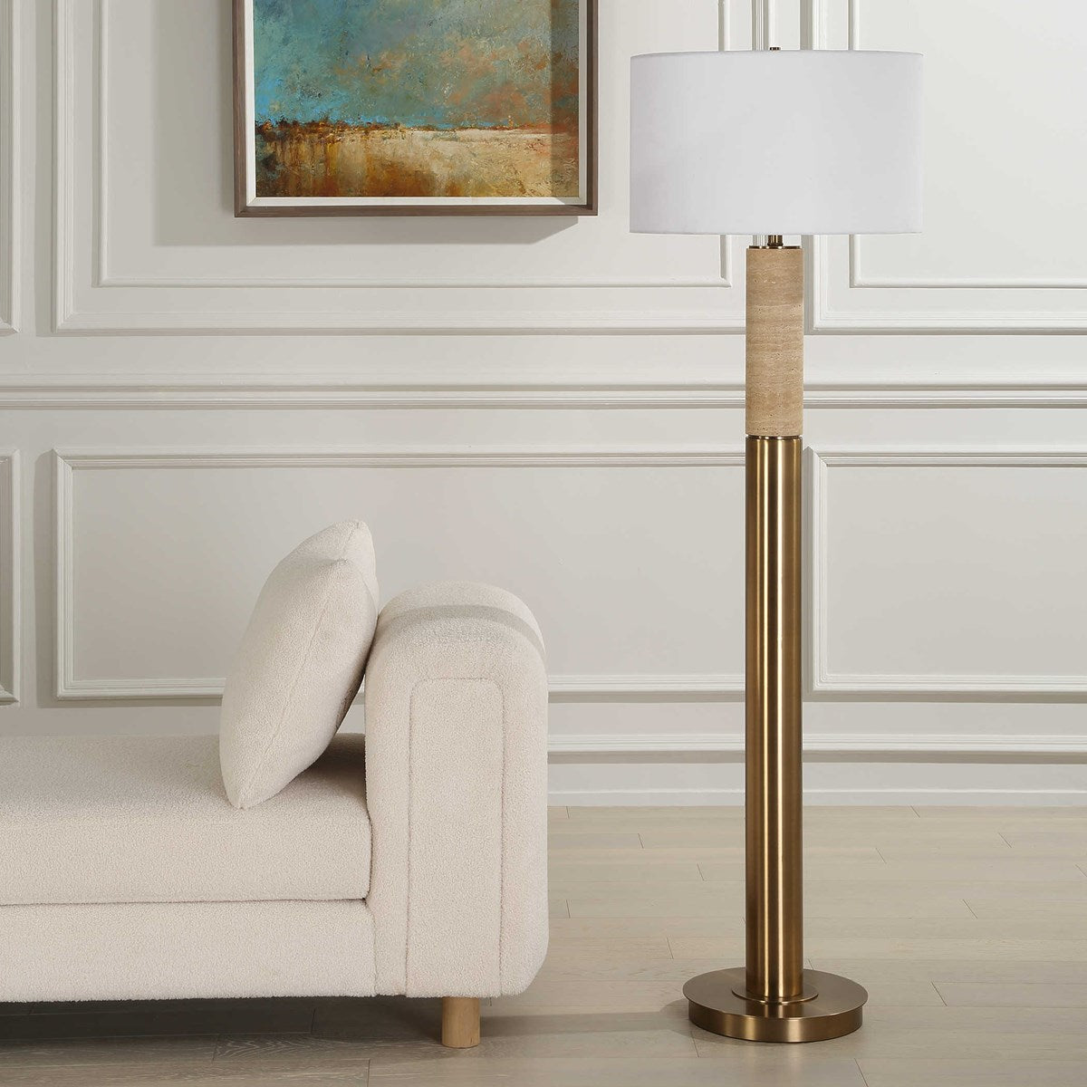 Cembra 66 in. Travertine Brass Floor Lamp