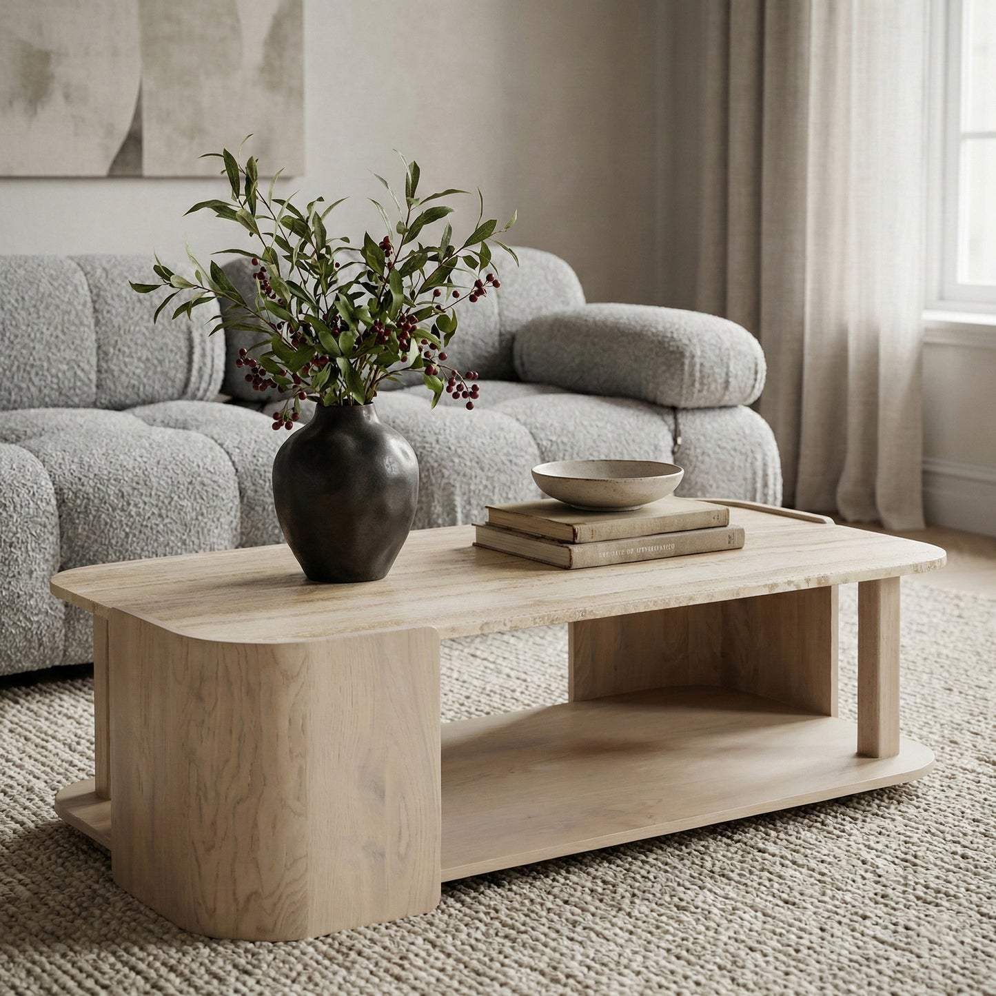 Contrada 26 in. Marble and Oak Wood Coffee Table