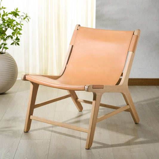 Bardello Leather and Teak Wood Accent Chair