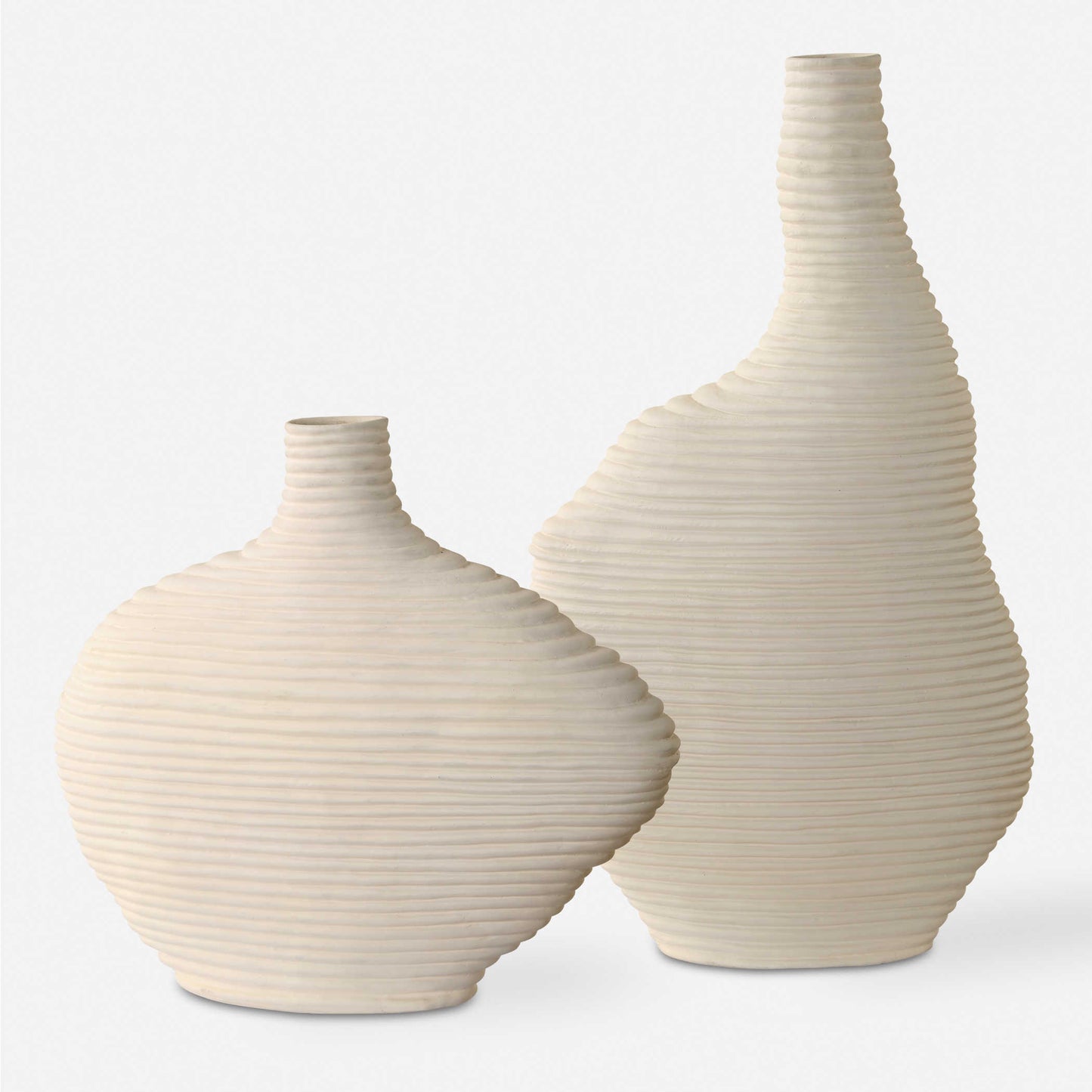 Horizontal Fluted Ivory Ceramic Vases - Set of 2